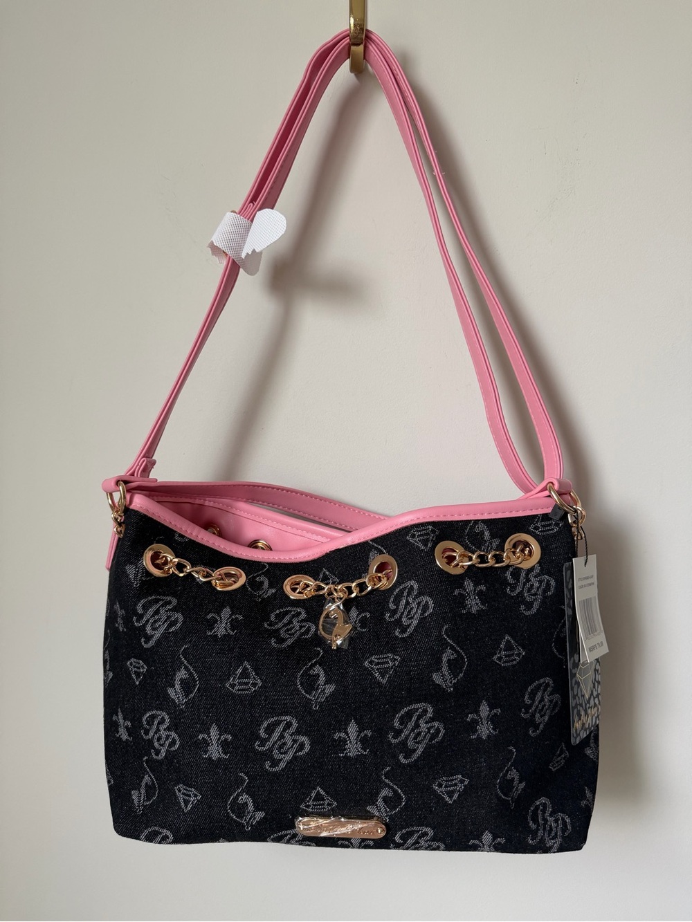 Baby Phat Black denim monogram Shoulder Bag with Pink Trim gold hardware